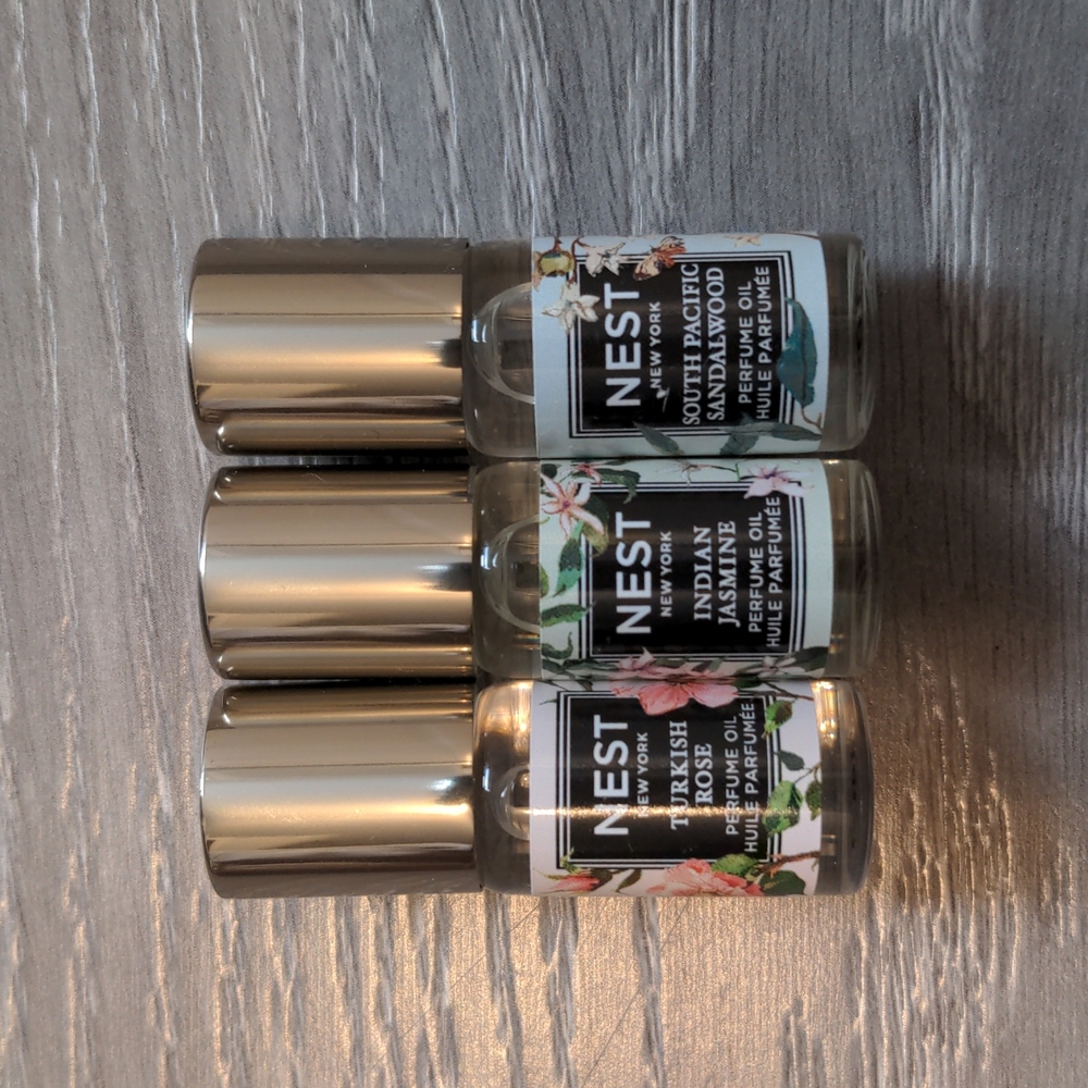 Three Nest Mini Rollerballs Turkish Rose Indian Jasmine South Pacific Sandalwood
